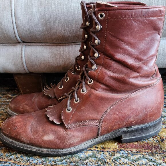 Justin Boots Shoes - Justin Women's Western Keltie Brown Leather Lace Up Ankle Boots Round Toe 8D/9.5